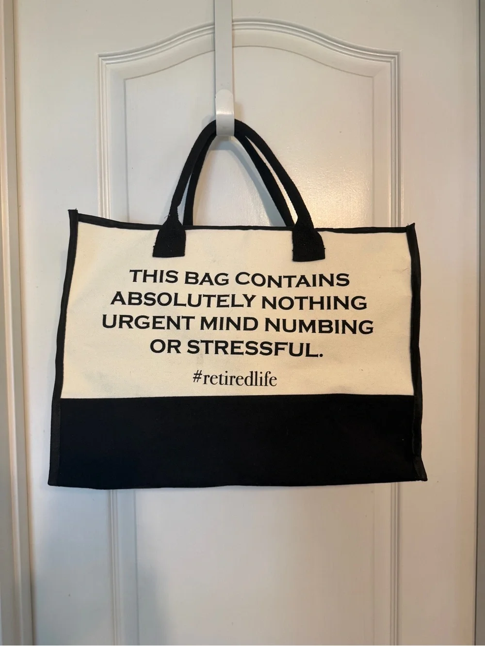 Canvas Tote Bag with Text Print - Black & Cream